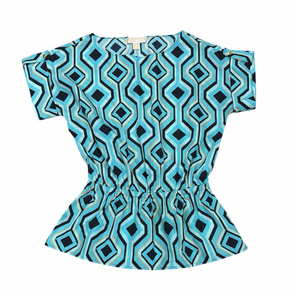 Michael Kors Blue Geometric Peplum Short Sleeve Blouse